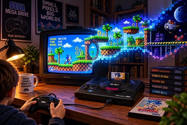 SEGA Mega Drive met controller op een houten bureau, terwijl een 16-bit game op een Philips CRT-televisie wordt gespeeld