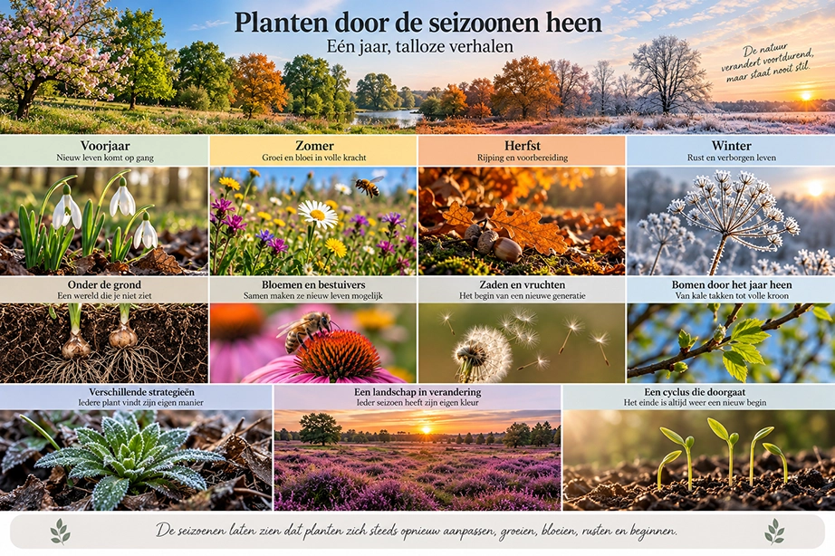 Overzicht van planten door de seizoenen heen met groei, bloemen, zaden en winterrust