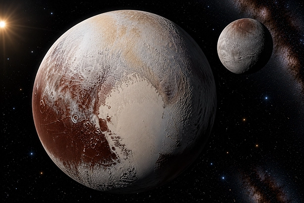 De dwergplaneet Pluto met Charon op de achtergrond