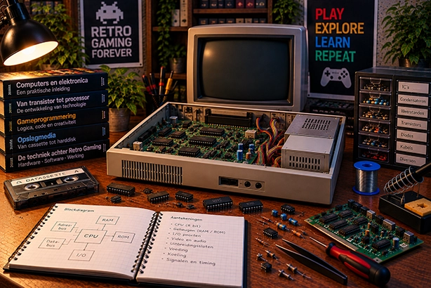 Open vintage computer met printplaat, chips en elektronische componenten op een retro werkbank