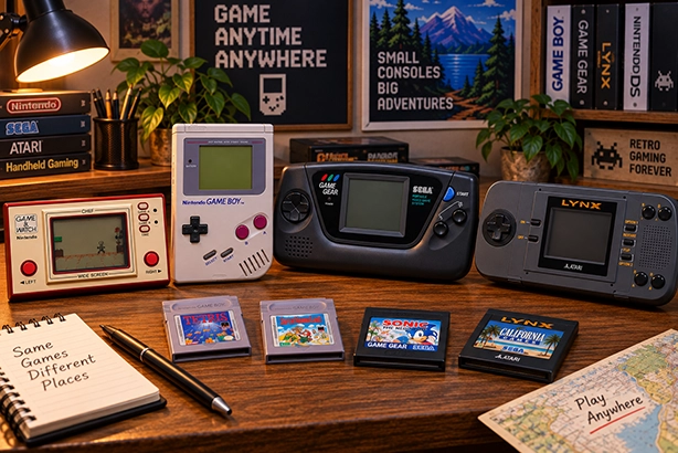 Game & Watch, Game Boy, Sega Game Gear en Atari Lynx op een houten bureau in een retro omgeving