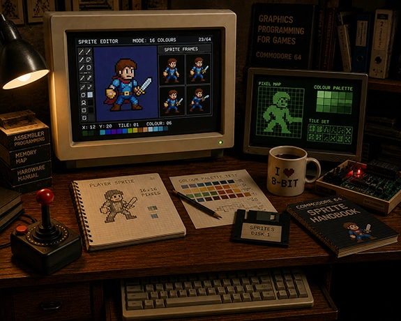 Retrocomputing-werkplek uit de late jaren 80 met CRT-monitoren, pixelgraphics, joystick en programmeeraccessoires