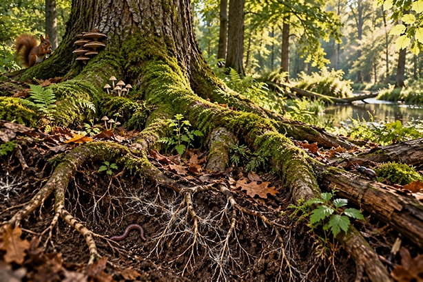 Wortels van een oude boom bedekt met mos en schimmels in een levendig bos met kleine dieren