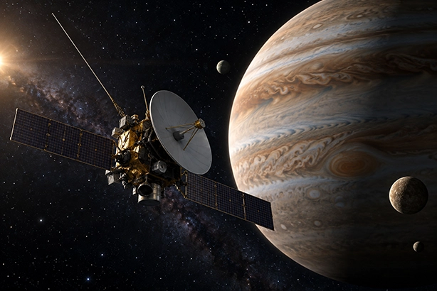Ruimtesonde die door de diepe ruimte reist op weg naar een verre planeet