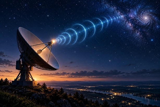 Radiotelescoop stuurt een digitaal signaal de sterrenhemel in