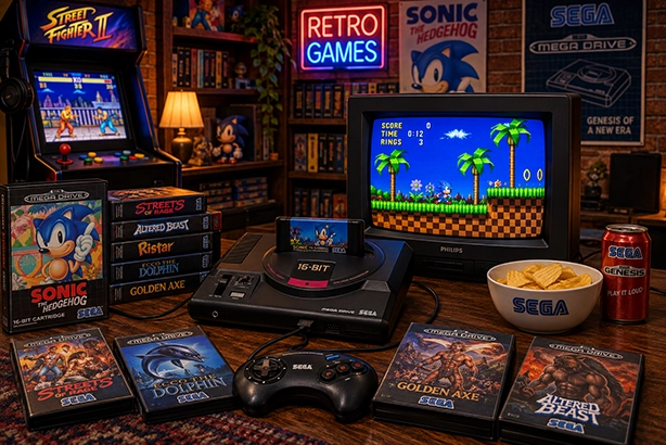 Sega Mega Drive met klassieke games en Sonic op een CRT-televisie in een retro gamerkamer