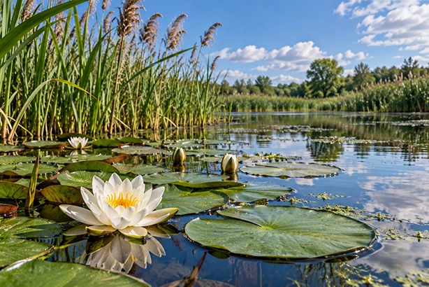 Witte waterlelie en riet in een zonnig Nederlands moeraslandschap