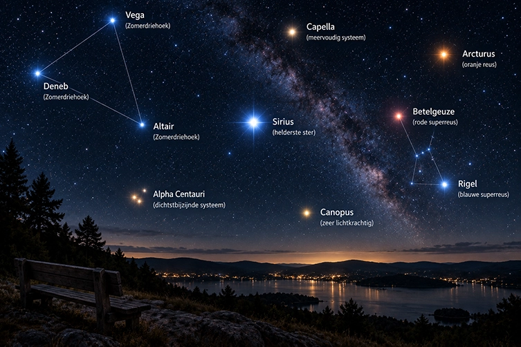 Nachtelijke sterrenhemel met enkele van de helderste sterren, waaronder Sirius, Vega, Betelgeuze en Rigel