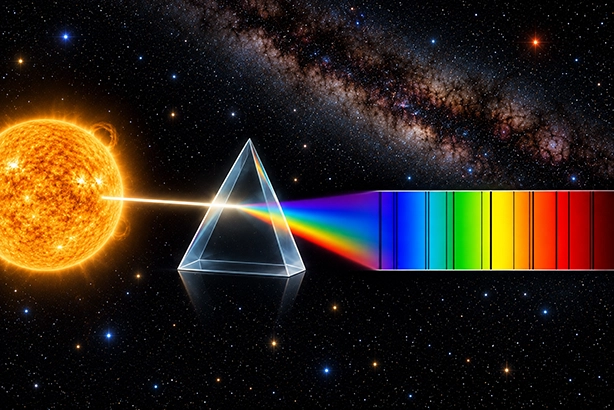 Illustratie van sterrenlicht dat met een prisma wordt opgesplitst in een spectrum met donkere absorptielijnen
