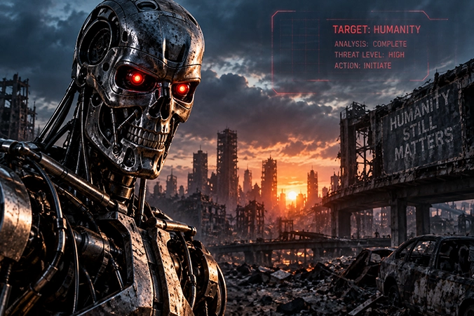 Terminator-achtige robot in een verwoeste stad met AI-informatie op een digitaal scherm