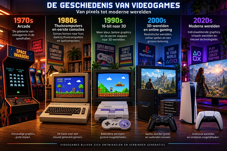 Overzicht van de geschiedenis van videogames van de jaren 70 tot de jaren 2020, met arcadegames, thuiscomputers, spelcomputers, 3D-gaming en moderne gamewerelden