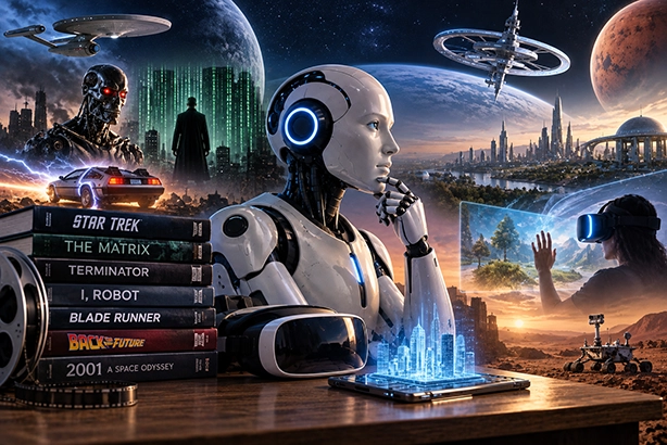 Collage van AI, robots, ruimtevaart, virtuele werelden en andere sciencefictiontechnologie