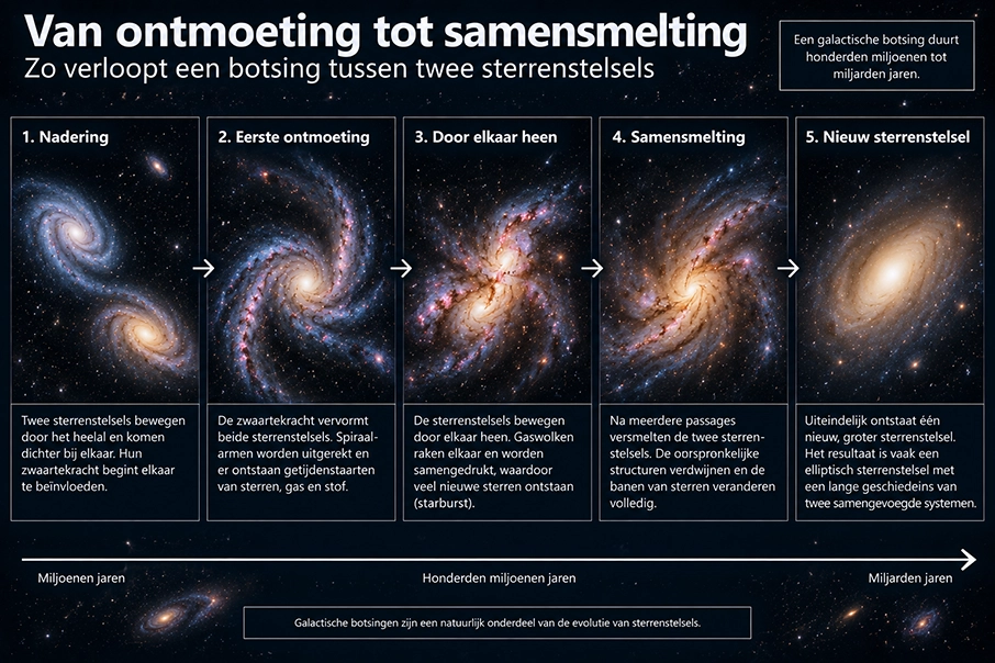 Illustratie van de verschillende fasen van een botsing tussen twee sterrenstelsels tot hun uiteindelijke samensmelting