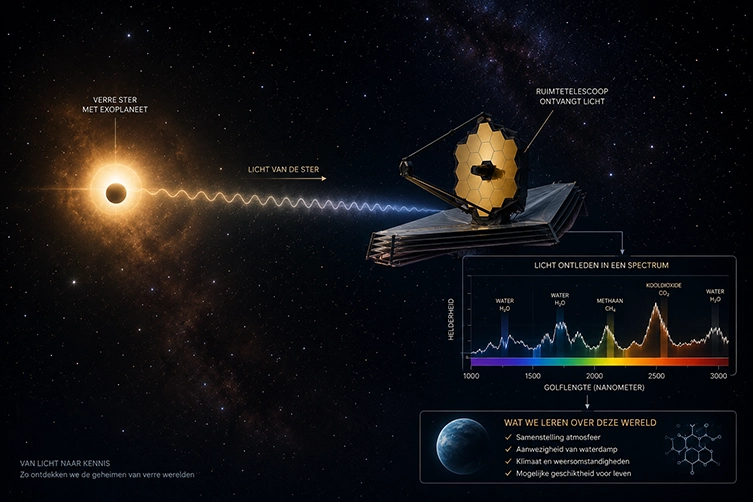 Infographic die laat zien hoe een ruimtetelescoop licht van een verre exoplaneet analyseert om de atmosfeer te onderzoeken.