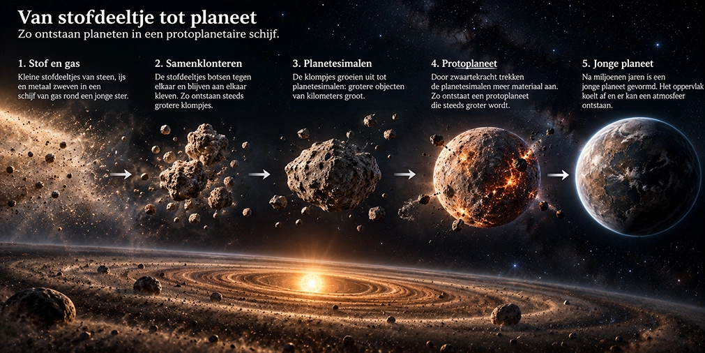 De verschillende stadia van stofdeeltjes naar een jonge planeet