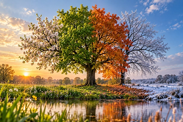 Boom door de vier seizoenen heen in een natuurlijk landschap