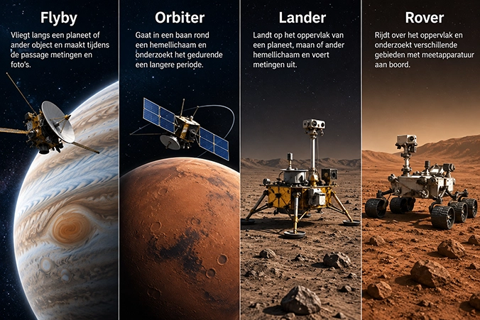 Verschillende soorten ruimtesondes zoals een flyby, orbiter, lander en rover