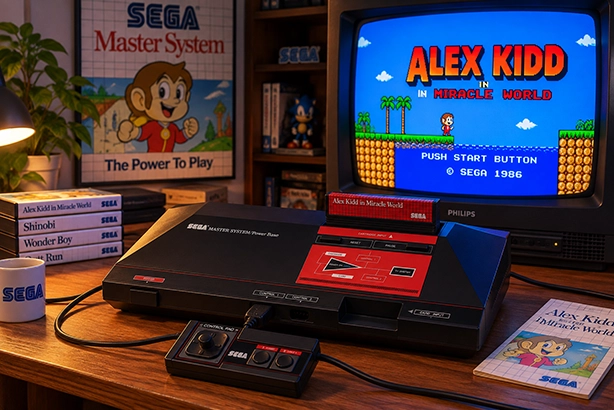 Sega Master System met Alex Kidd-cartridge en controller op een houten bureau, met Alex Kidd op een Philips CRT-televisie