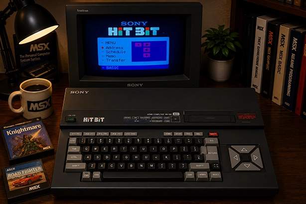 Sony Hit Bit MSX-computer met CRT-monitor en retro-accessoires op een sfeervolle jaren 80-werkplek.