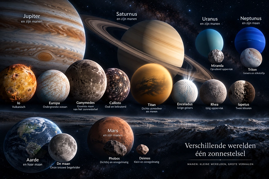 Verschillende manen van ons zonnestelsel met hun planeten op de achtergrond