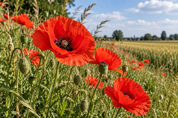 laprozen bloeien tussen een Nederlandse akker en wilde grassen