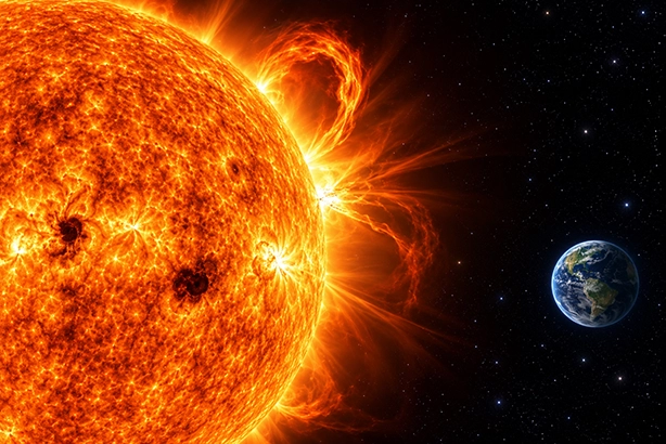 De zon met zonnevlekken en krachtige plasma-uitbarstingen, met de aarde op de achtergrond.