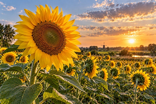 Grote zonnebloem in een Nederlands landschap bij zonsondergang