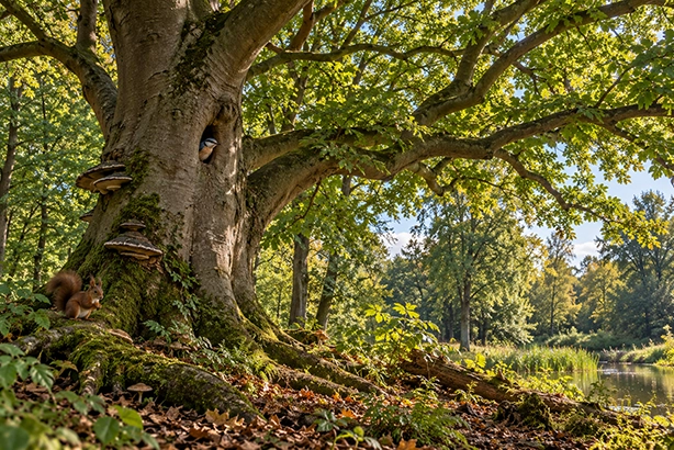 Oude beuk met mos, paddenstoelen en dieren langs een Nederlands bos en water