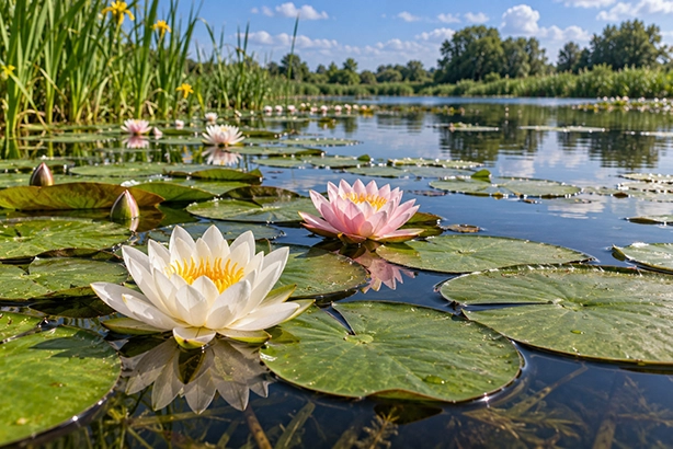 Waterlelies met witte en roze bloemen op een Nederlandse vijver.