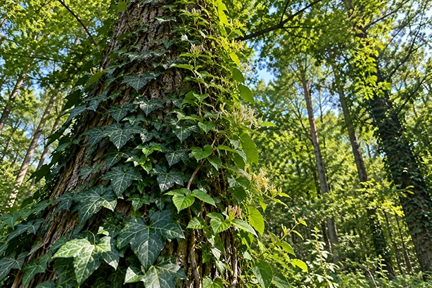 Klimplanten groeien langs een boom omhoog in een Nederlands bos