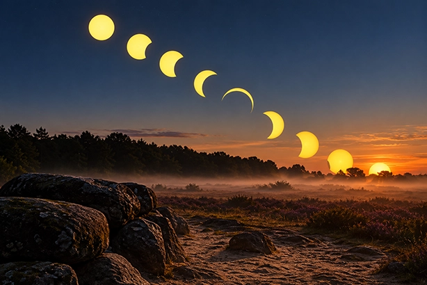 Zonsverduistering boven een Nederlands landschap waarbij de maan de zon gedeeltelijk bedekt