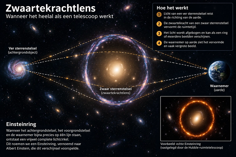 Illustratie van een zwaartekrachtlens waarbij licht van een ver sterrenstelsel wordt afgebogen rond een zwaar sterrenstelsel en een Einsteinring ontstaat